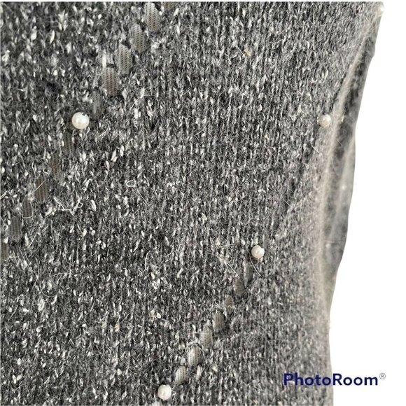Vintage 80s Silk Angora Sweater Gray Tweed Open Knit Pearl Beaded Puff Sleeve - Picture 6 of 9